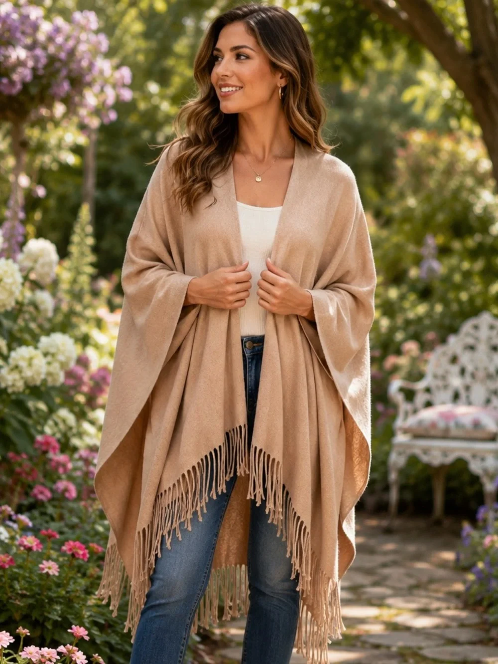 Adrienne Vittadini Wrap One Size Beige Camel Fringe Open Front Soft Layering Cap